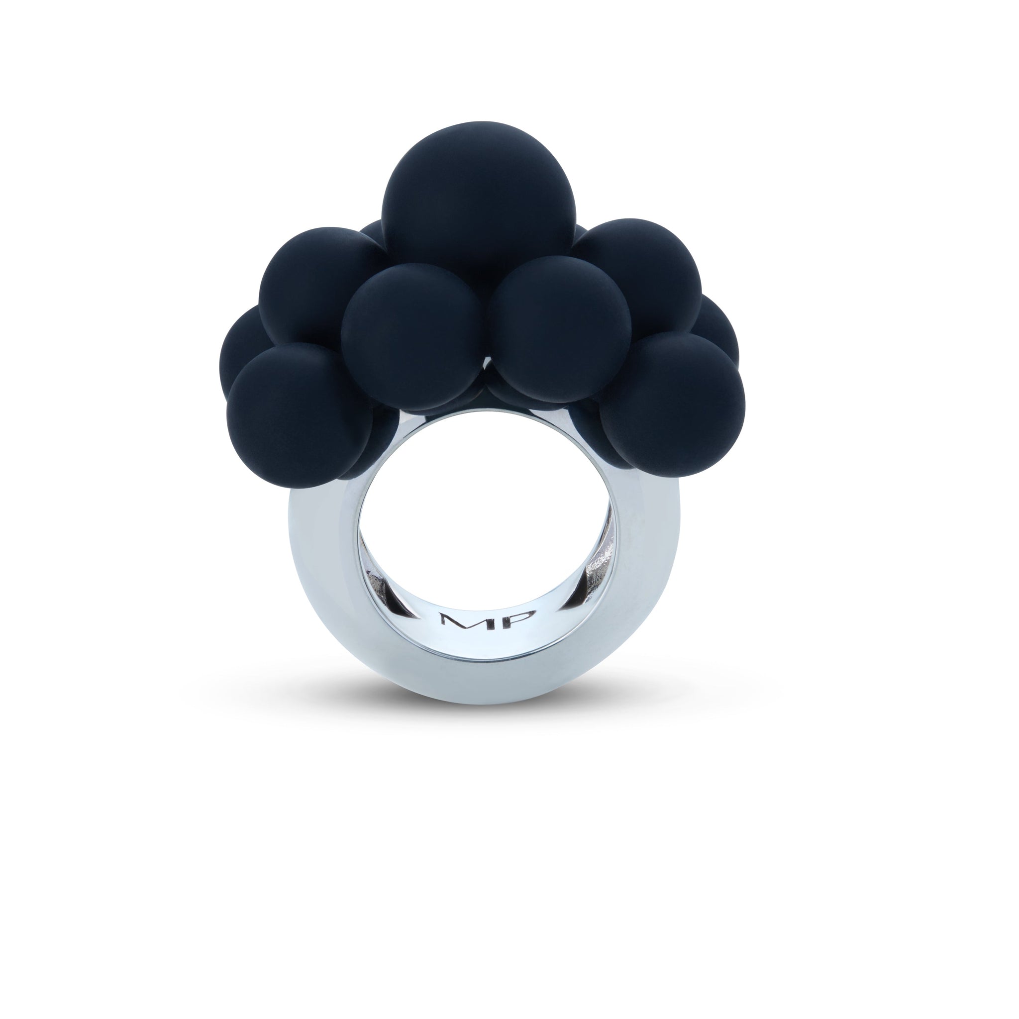 Madame Palm cocktail ring self-love in black silicone pearls and white gold 18kt band