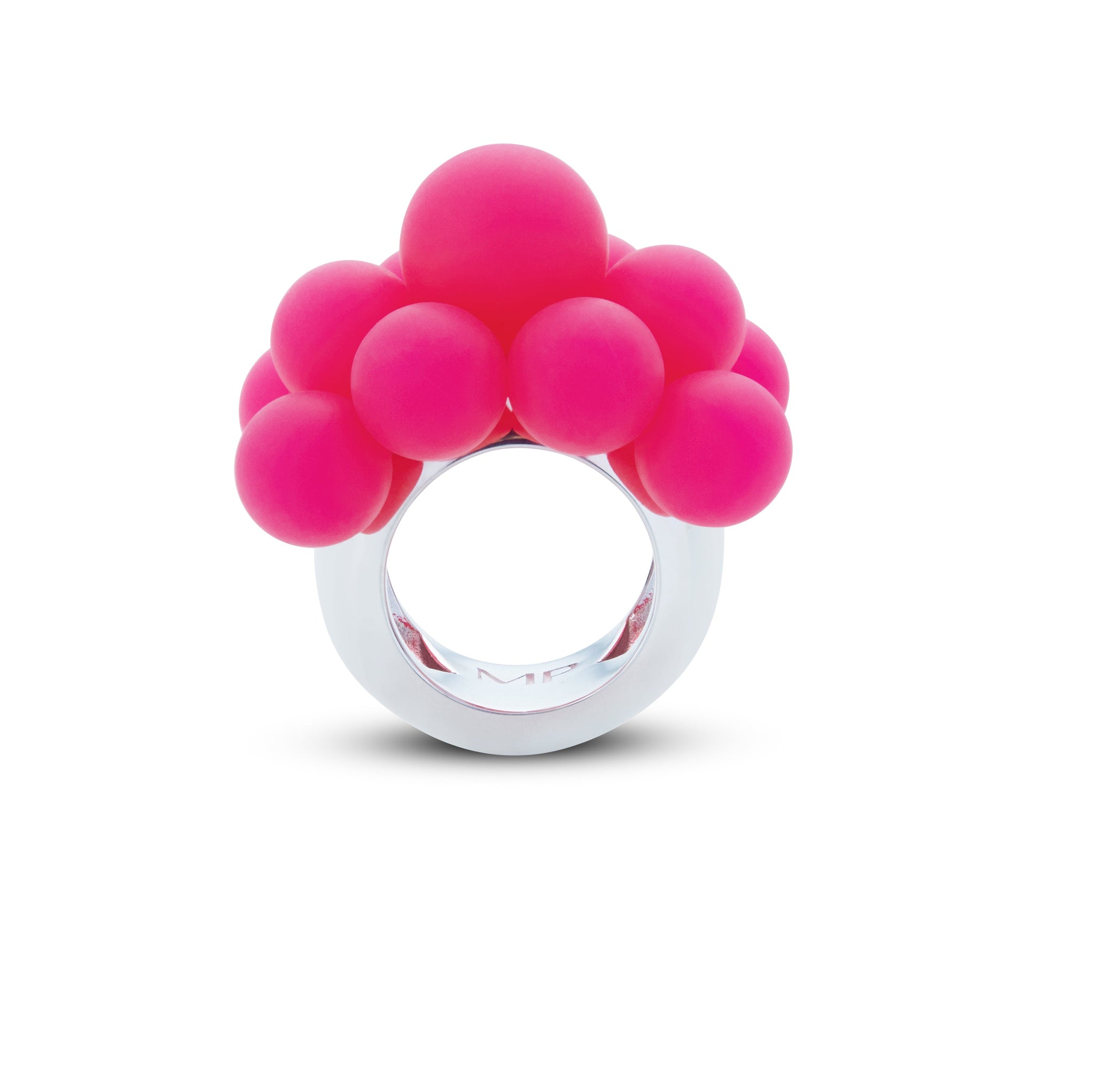 Madame Palm cocktail ring self-love in fuchsia silicone pearls and white gold 18kt band