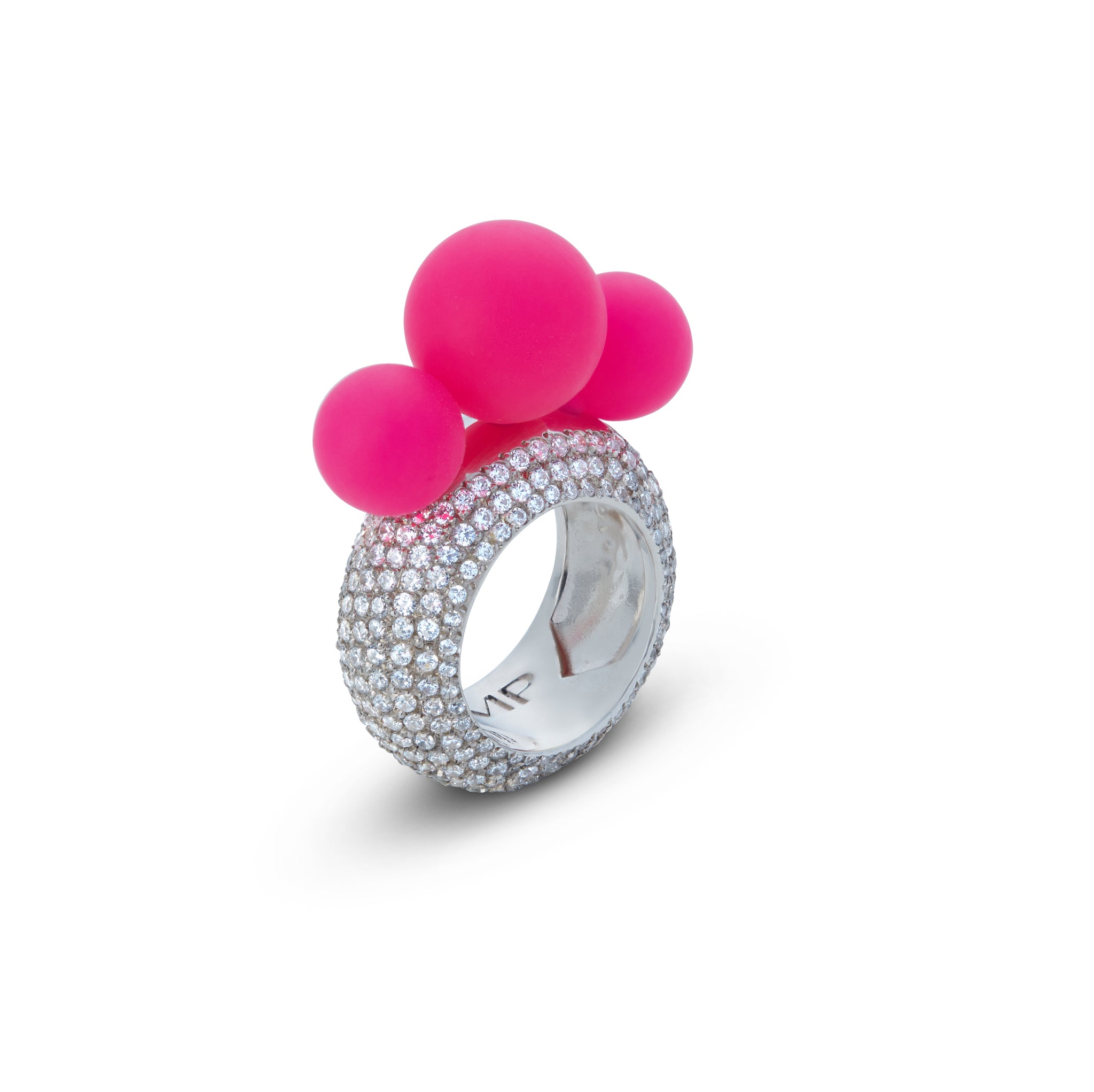 Madame Palm trilogy absolute luxury ring self-love in fuchsia silicone pearls and white gold 18kt band and diamonds