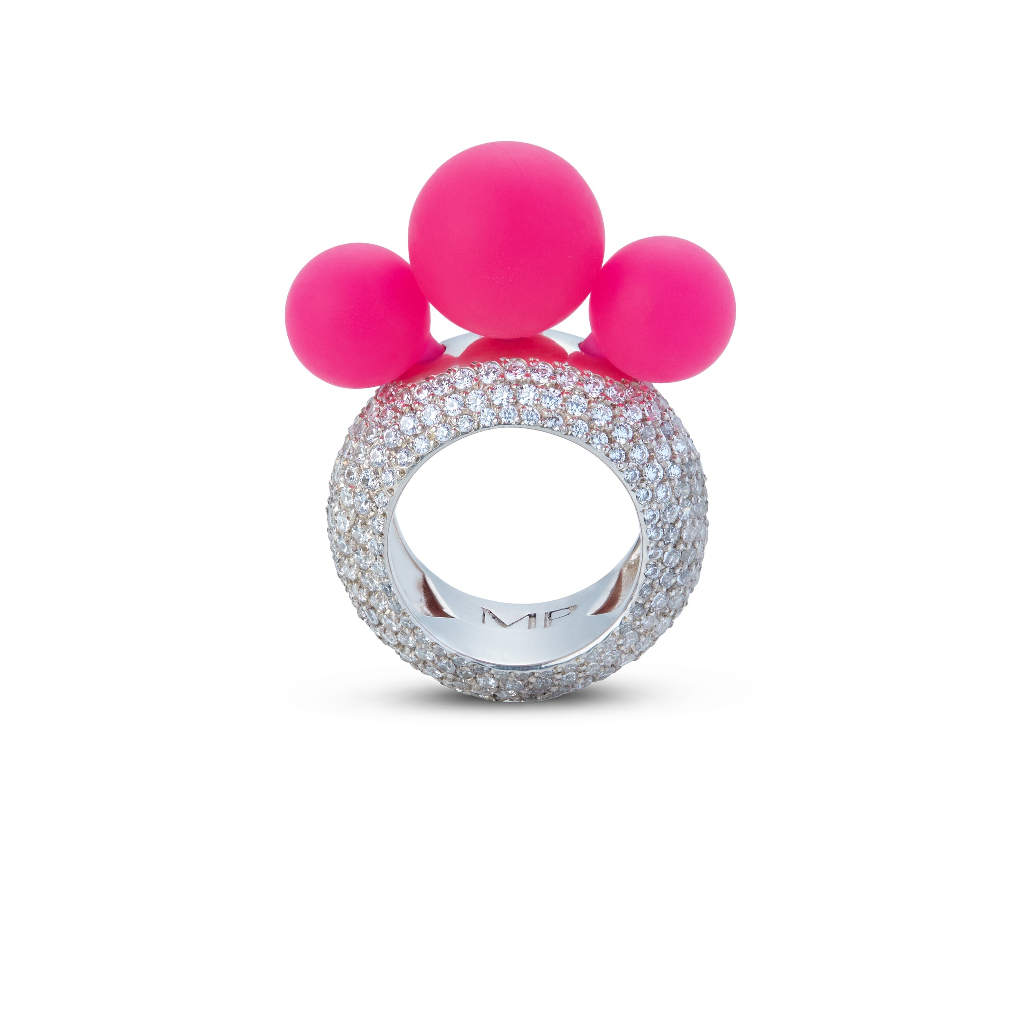 Madame Palm trilogy absolute luxury ring self-love in fuchsia silicone pearls and white gold 18kt band and diamonds